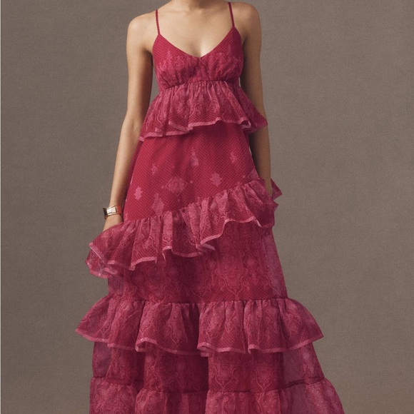 Anthropologie Let me Be Tiered Pink Midi Dress